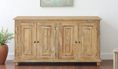 60" Natural Distressed Solid Wood Sideboard with Four Doors