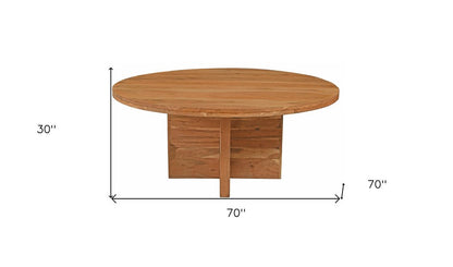 70" Natural Solid Wood Pedestal Base Round Top Dining Table
