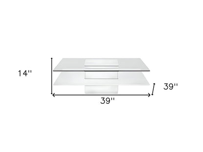 39" Clear and White Glass And Wood Square Pedestal Coffee Table With Shelf
