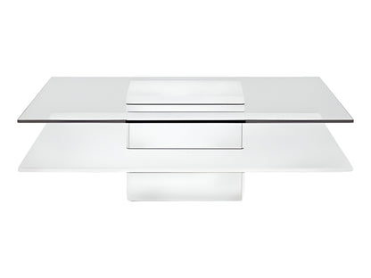 39" Clear and White Glass And Wood Square Pedestal Coffee Table With Shelf