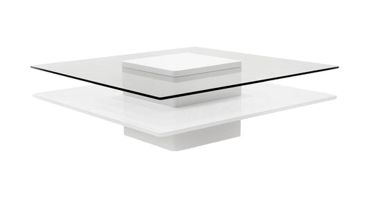 39" Clear and White Glass And Wood Square Pedestal Coffee Table With Shelf