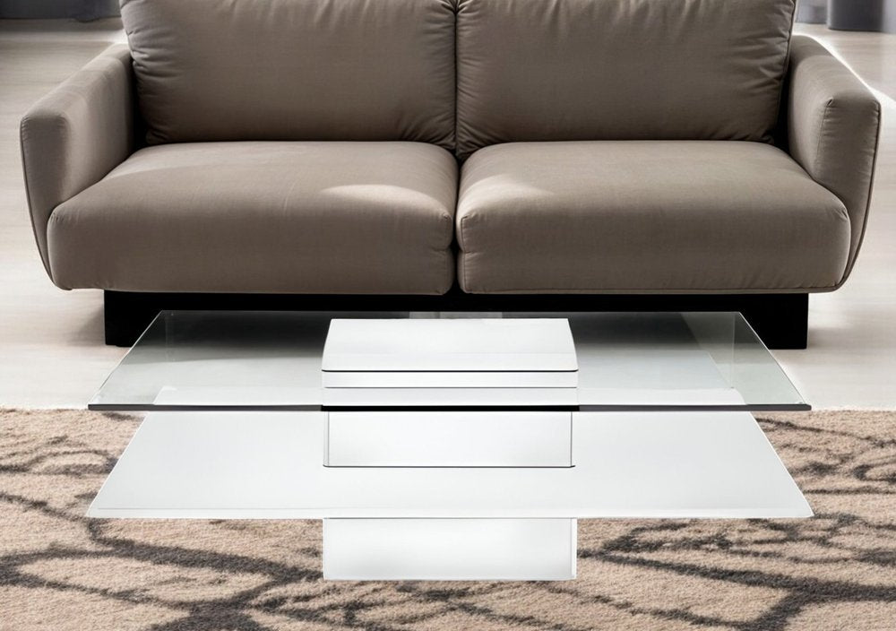 39" Clear and White Glass And Wood Square Pedestal Coffee Table With Shelf