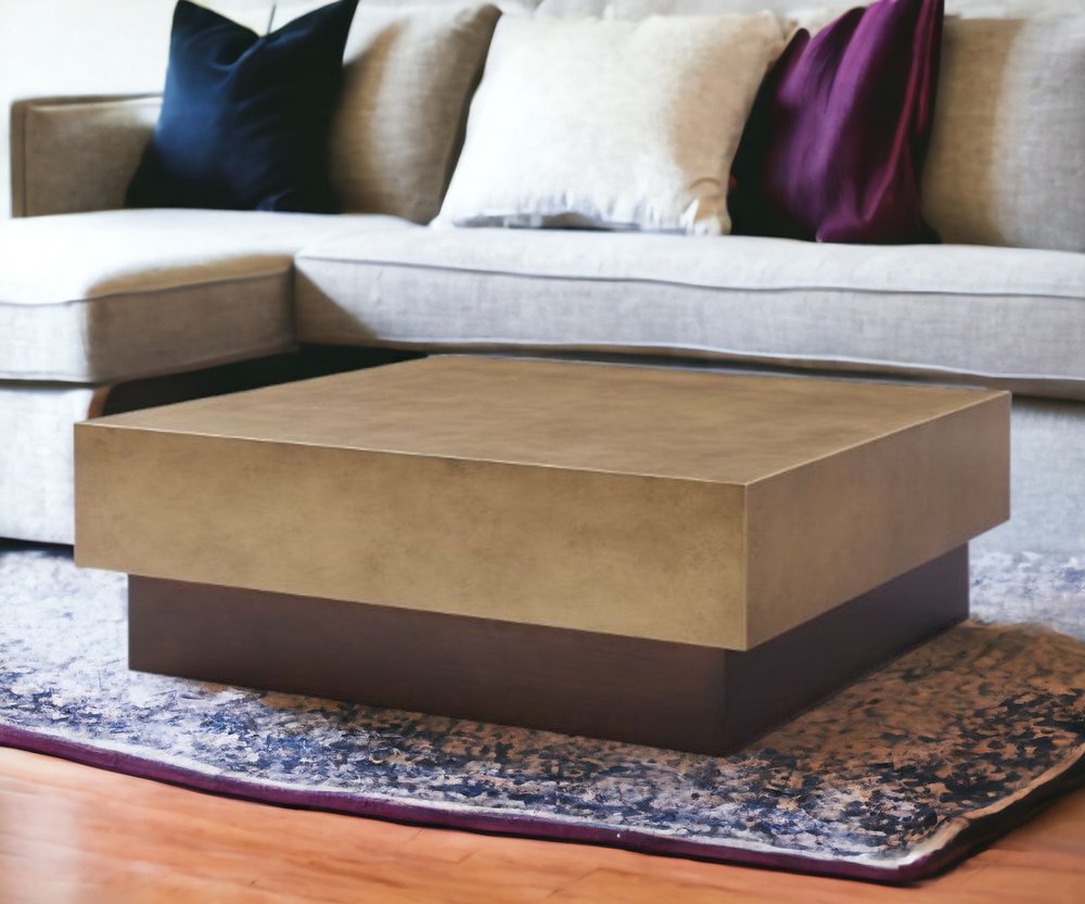 39" Bronze and Brown Copper And Steel Square Block Coffee Table