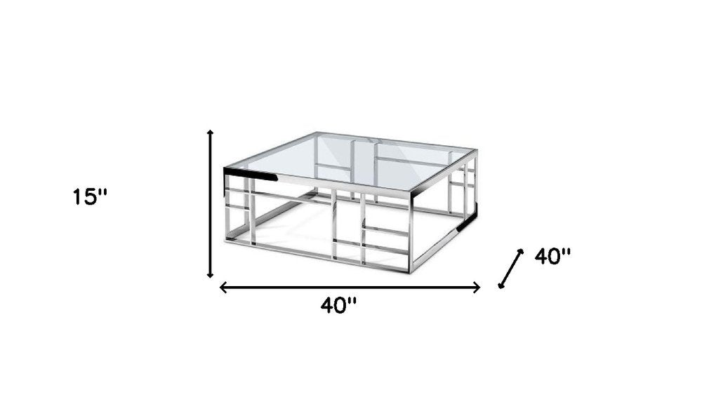 40" Clear and Silver Glass And Stainless Steel Square Frame Coffee Table