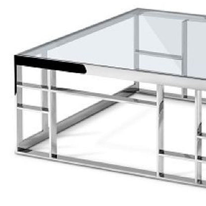40" Clear and Silver Glass And Stainless Steel Square Frame Coffee Table