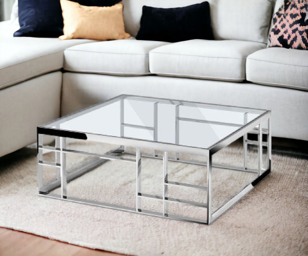 40" Clear and Silver Glass And Stainless Steel Square Frame Coffee Table