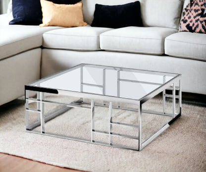 40" Clear and Silver Glass And Stainless Steel Square Frame Coffee Table