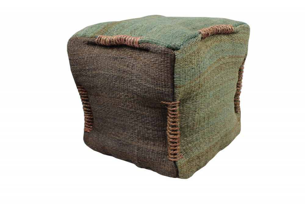 18" Green and Brown Jute Cube Pouf Ottoman