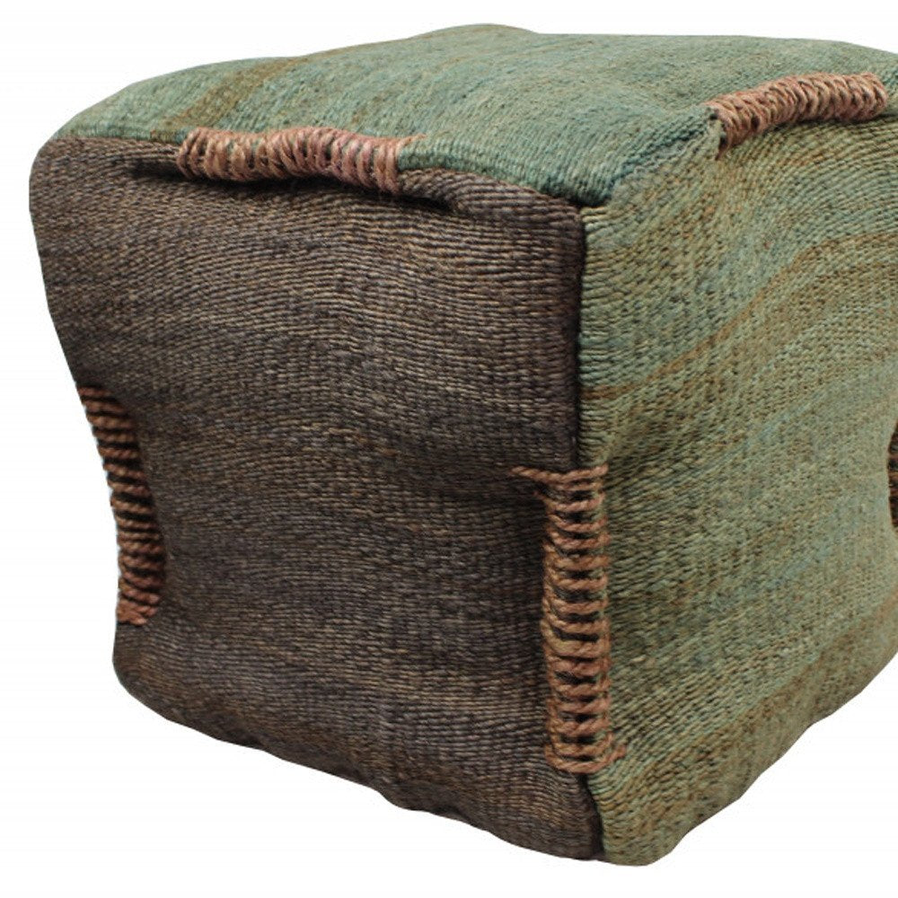 18" Green and Brown Jute Cube Pouf Ottoman