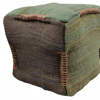 18" Green and Brown Jute Cube Pouf Ottoman