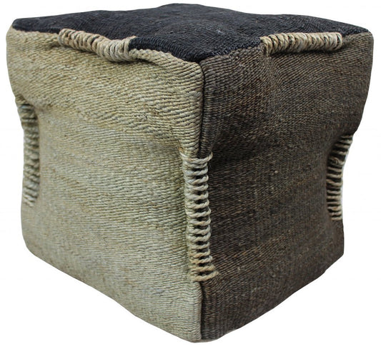 18" Black and Taupe Jute Cube Pouf Ottoman