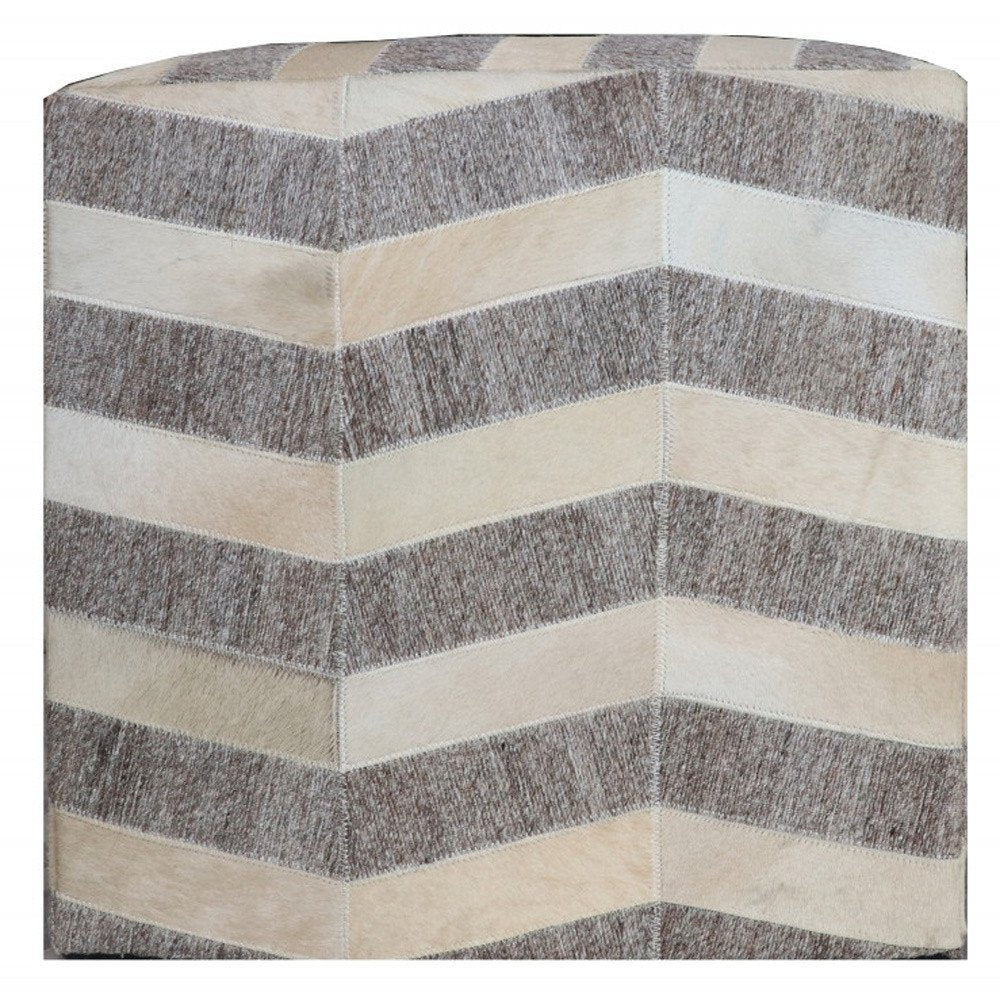 18" Gray and Beige Hair on Hide Cube Chevron Pouf Ottoman