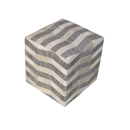 18" Gray and Beige Hair on Hide Cube Chevron Pouf Ottoman