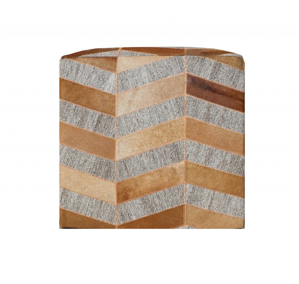18" Gray and Bronze Hair on Hide Cube Chevron Pouf Ottoman