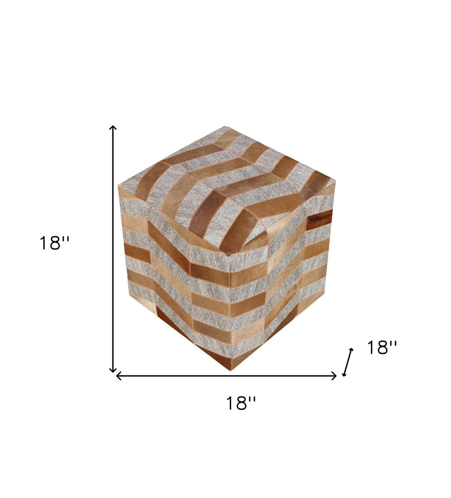 18" Gray and Bronze Hair on Hide Cube Chevron Pouf Ottoman