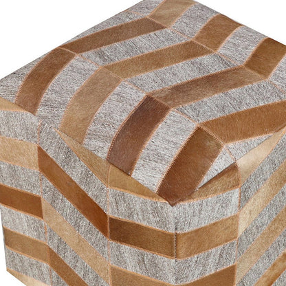 18" Gray and Bronze Hair on Hide Cube Chevron Pouf Ottoman