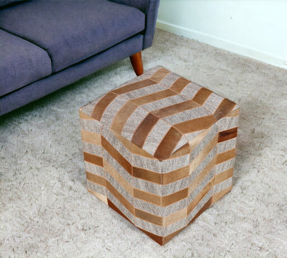 18" Gray and Bronze Hair on Hide Cube Chevron Pouf Ottoman