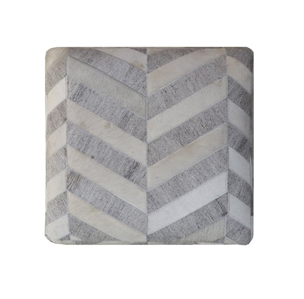 18" Gray and Ivory Hair on Hide Cube Chevron Pouf Ottoman