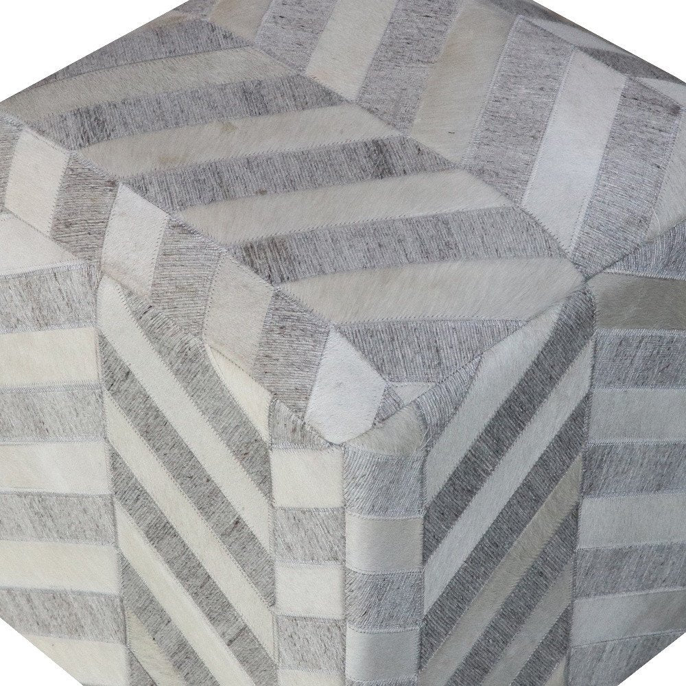 18" Gray and Ivory Hair on Hide Cube Chevron Pouf Ottoman