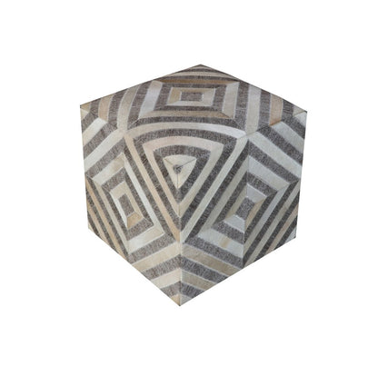 18" Gray And Beige Hair on Hide Cube Geometric Pouf Ottoman
