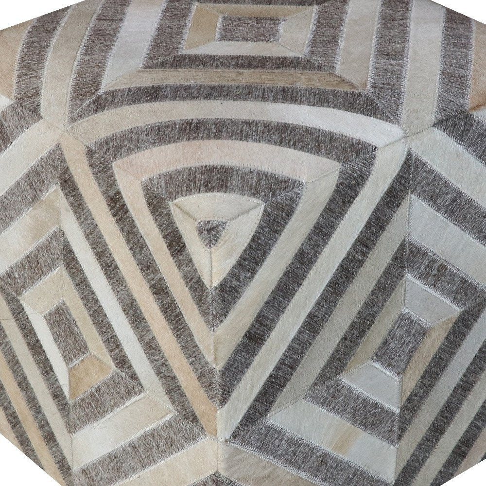 18" Gray And Beige Hair on Hide Cube Geometric Pouf Ottoman