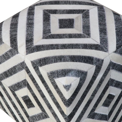 18" Dark Gray and Ivory Hair on Hide Cube Geometric Pouf Ottoman