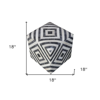 18" Dark Gray and Ivory Hair on Hide Cube Geometric Pouf Ottoman