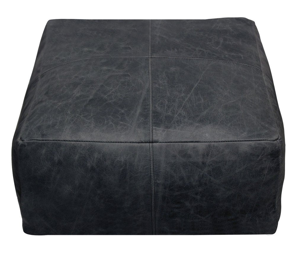 22" Black Distressed Leather Pouf Ottoman