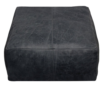 22" Black Distressed Leather Pouf Ottoman
