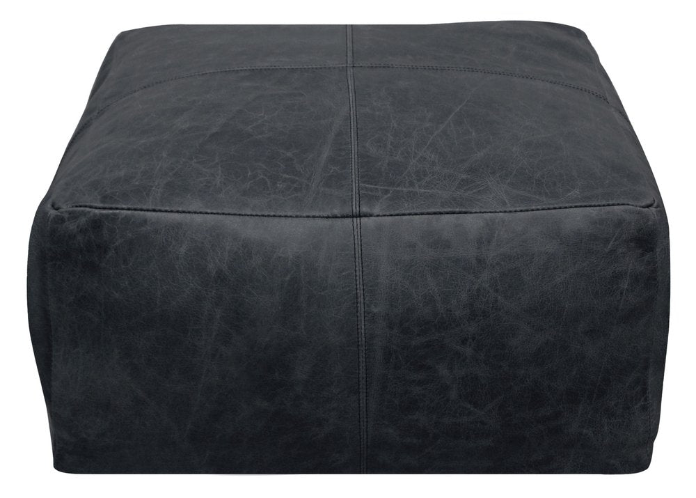 22" Black Distressed Leather Pouf Ottoman
