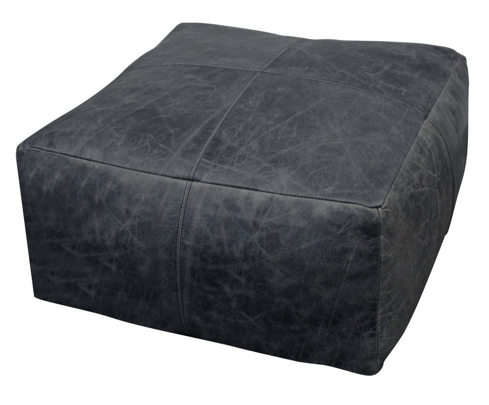22" Black Distressed Leather Pouf Ottoman