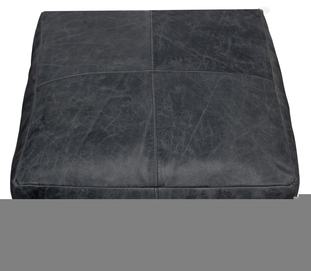 22" Black Distressed Leather Pouf Ottoman
