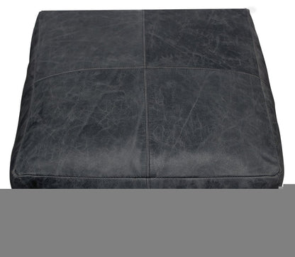 22" Black Distressed Leather Pouf Ottoman