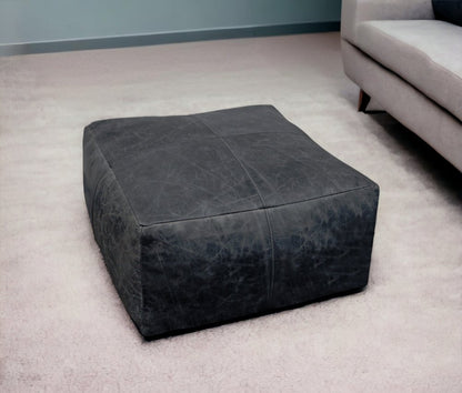 22" Black Distressed Leather Pouf Ottoman