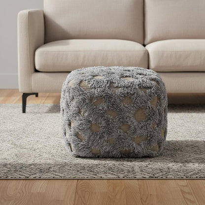 18" Natural and Gray Wool Cotton Blend Cube Geometric Pouf Ottoman