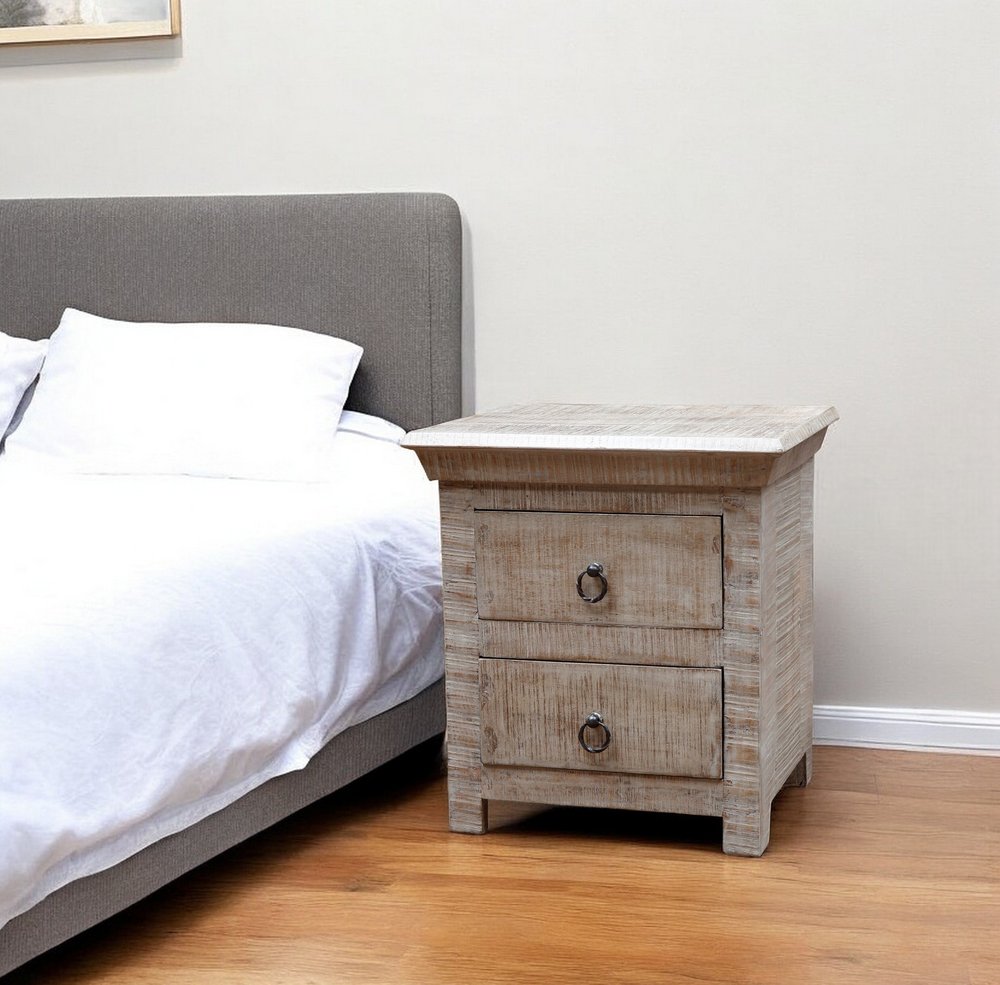 24" Gray Solid Wood Two Drawer Nightstand