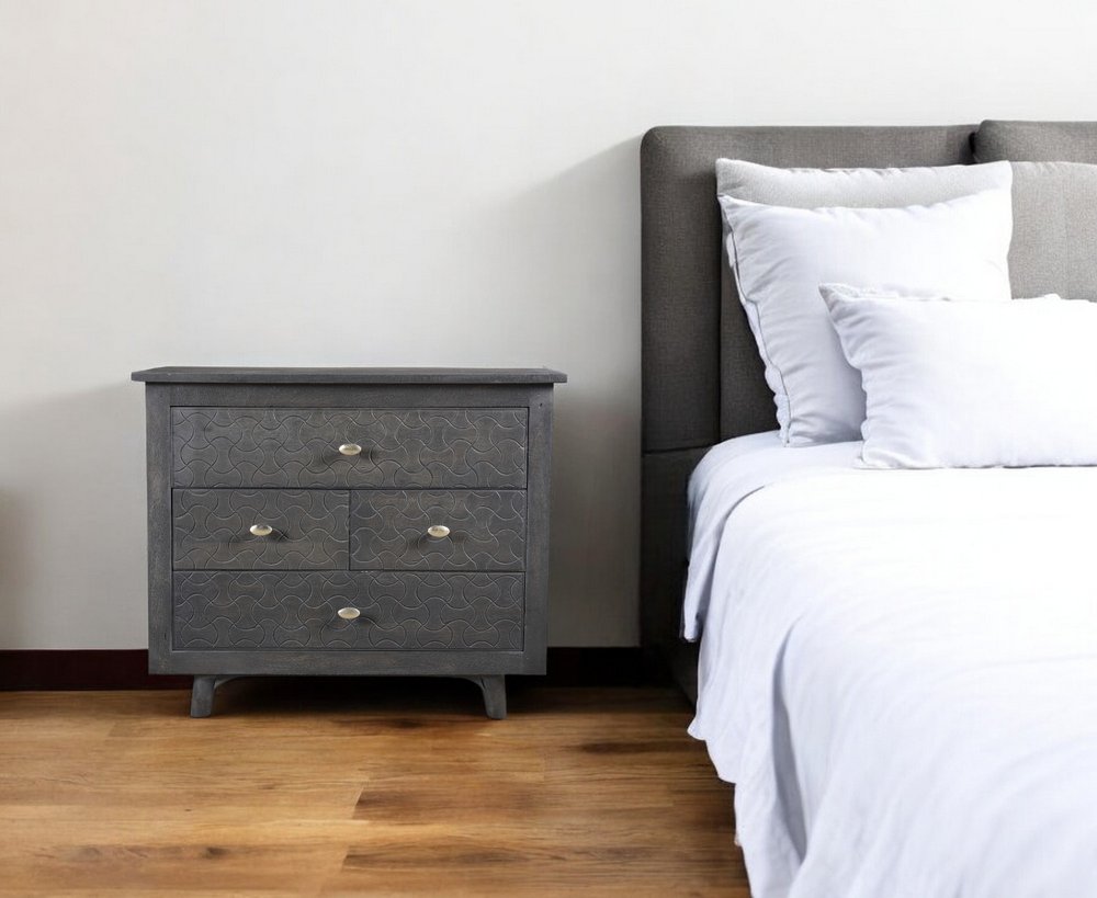 30" Gray Solid Wood Four Drawer Nightstand