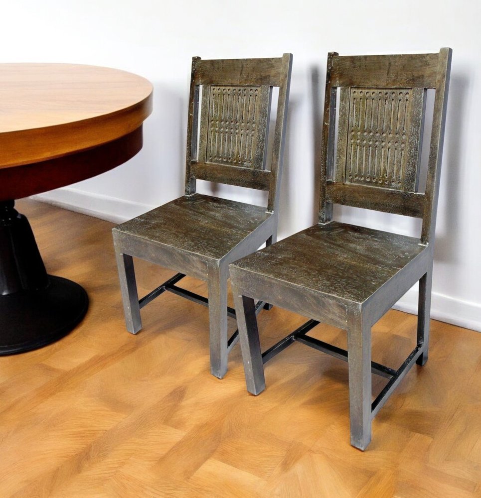 Set of Two Brown Wood Slat Back Dining Side Chairs