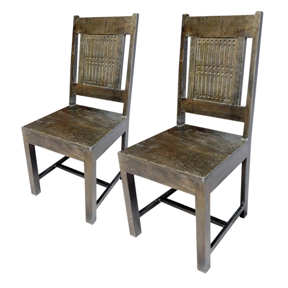 Set of Two Brown Wood Slat Back Dining Side Chairs