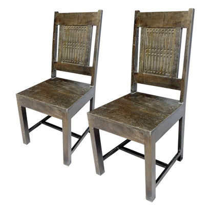 Set of Two Brown Wood Slat Back Dining Side Chairs