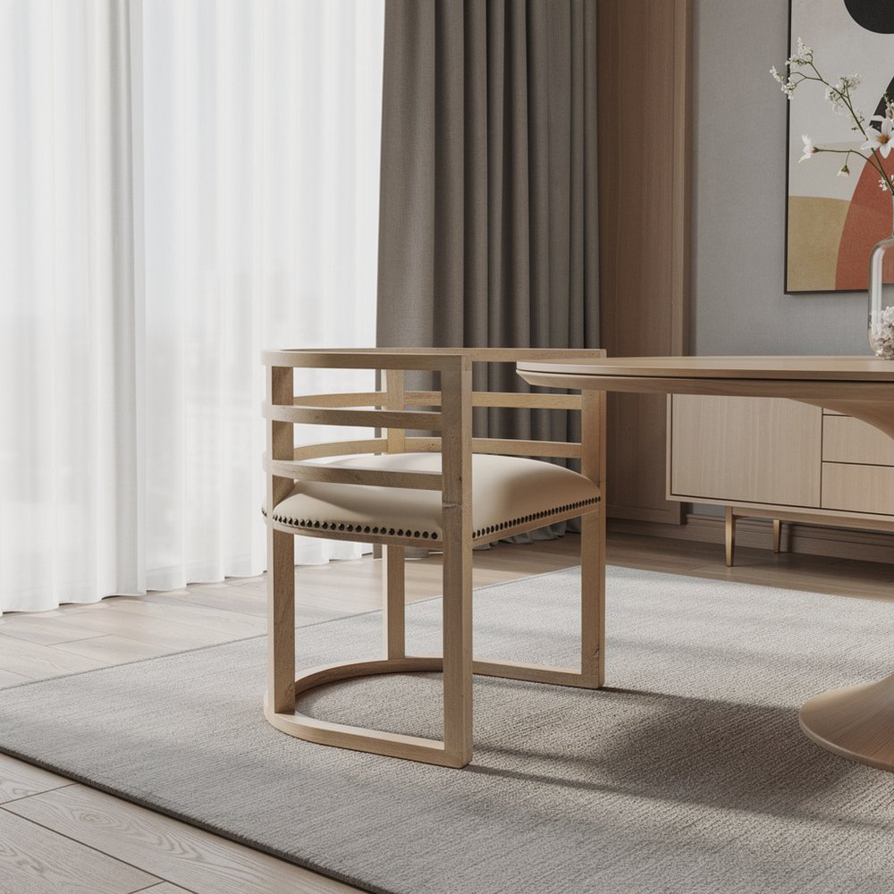 Ivory and Natural Upholstered Linen Curved Back Dining Arm Chair