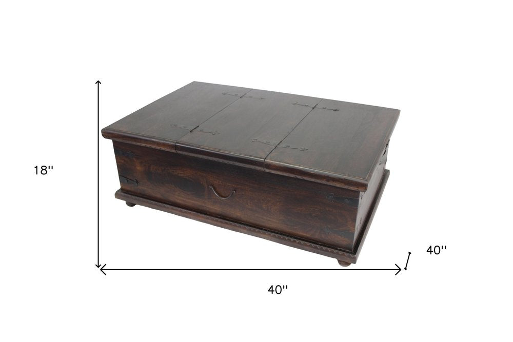 40" Brown Solid Wood Square Distressed Lift Top Solid Trunk Coffee Table