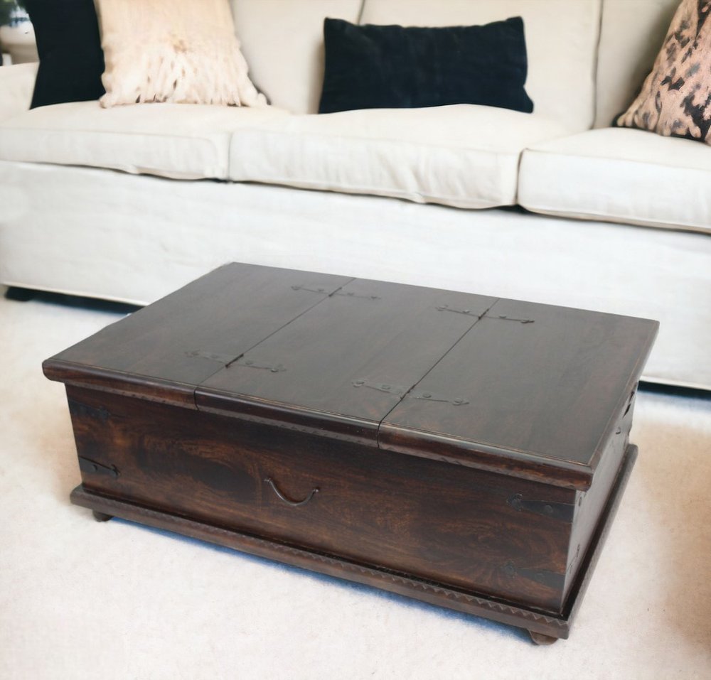 40" Brown Solid Wood Square Distressed Lift Top Solid Trunk Coffee Table