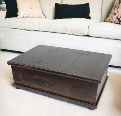 40" Brown Solid Wood Square Distressed Lift Top Solid Trunk Coffee Table