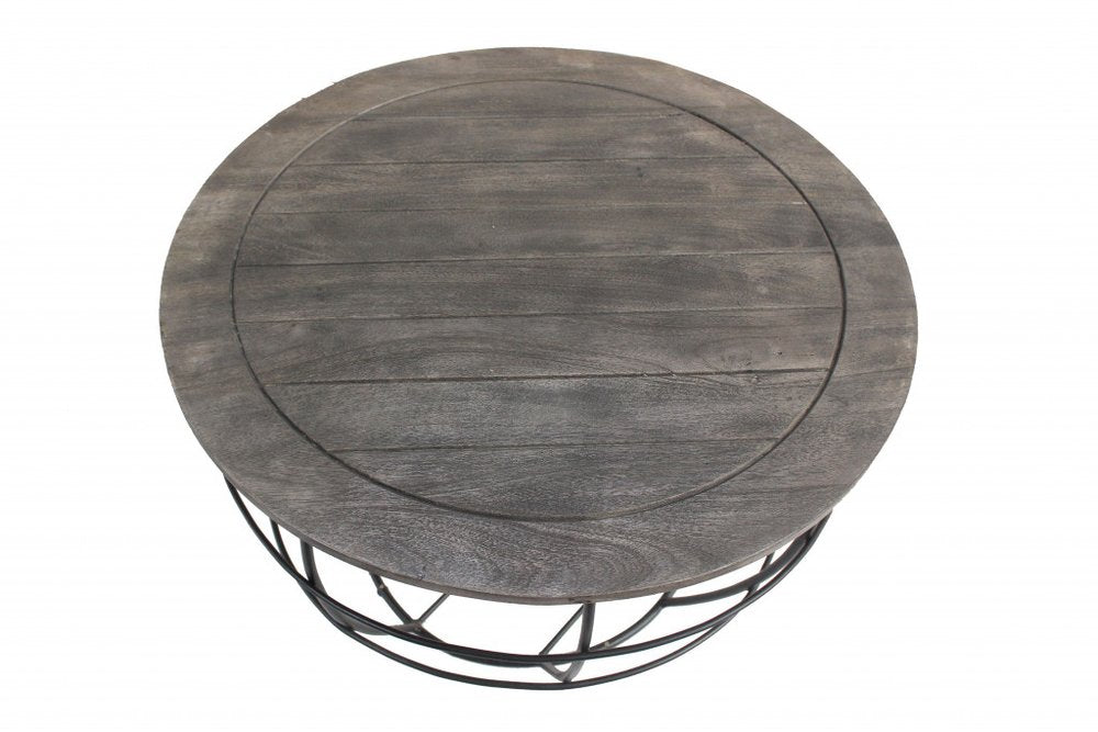 32" Gray Solid Wood Round Distressed Drum Drum Coffee Table