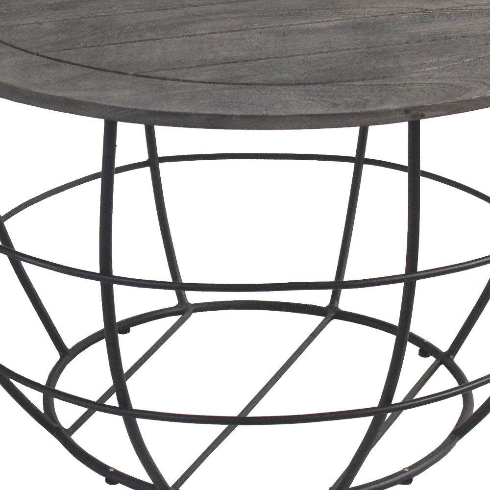 32" Gray Solid Wood Round Distressed Drum Drum Coffee Table