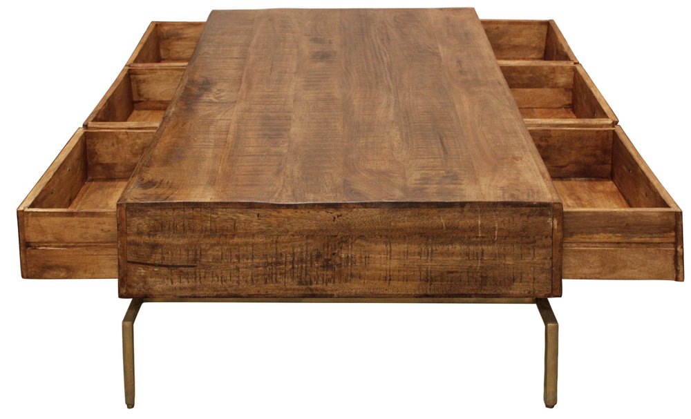 56" Brown and Brass Solid Wood and Iron Distressed Frame Coffee Table With Six Drawers