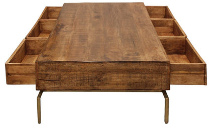 56" Brown and Brass Solid Wood and Iron Distressed Frame Coffee Table With Six Drawers