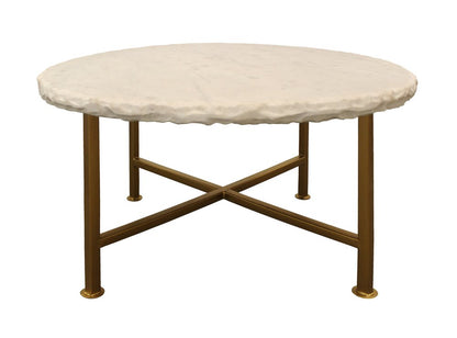 30" Ivory and Brass Genuine Marble and Iron Round Frame Coffee Table