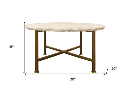30" Ivory and Brass Genuine Marble and Iron Round Frame Coffee Table